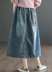 Style Blue Embroideried Patchwork Elastic Waist Denim A Line Skirts