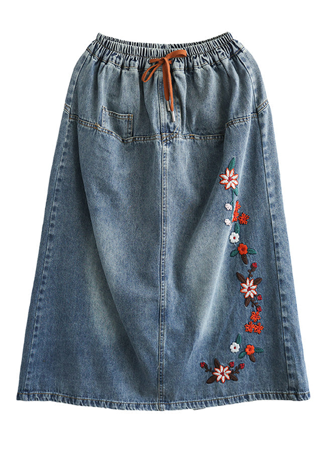 Style Blue Embroideried Patchwork Elastic Waist Denim A Line Skirts