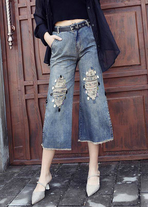 Style Blue High Waist Pockets Side Open Sequins Cotton Denim Crop Pants