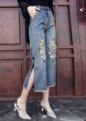 Style Blue High Waist Pockets Side Open Sequins Cotton Denim Crop Pants