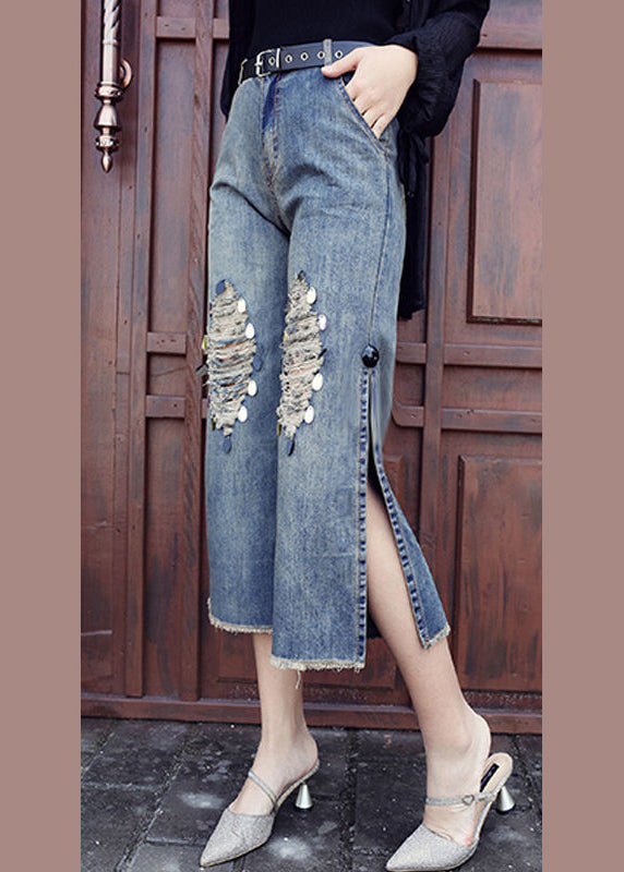 Style Blue High Waist Pockets Side Open Sequins Cotton Denim Crop Pants