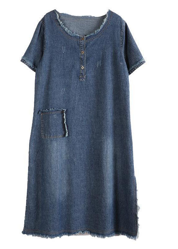 Style Blue O-Neck Tassel Pocket Side Open Cotton Vacation Denim Dresses Short Sleeve