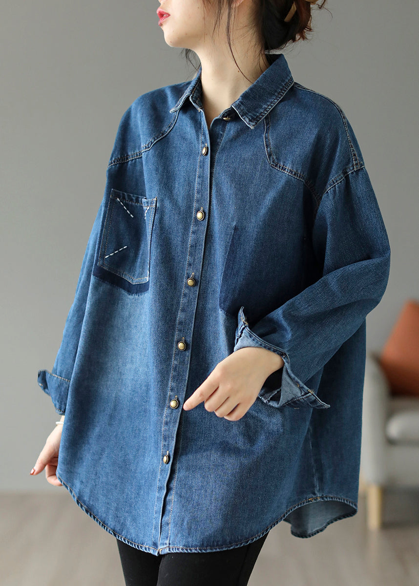 Style Blue Oversized Embroideried Pocket Denim Jackets