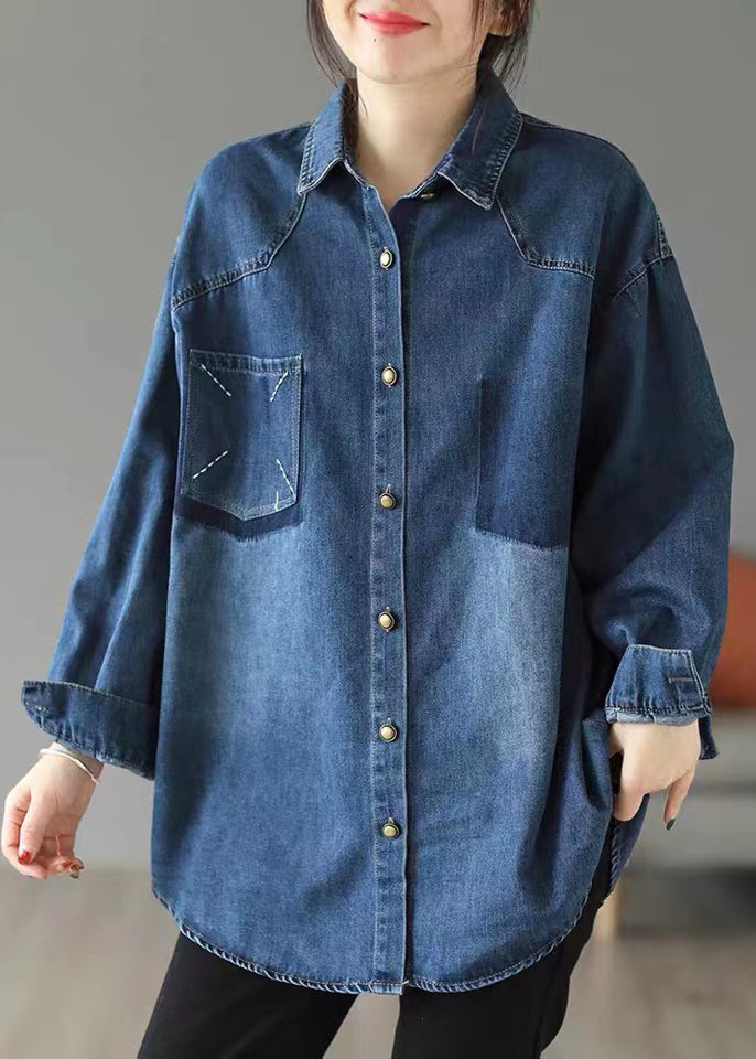 Style Blue Oversized Embroideried Pocket Denim Jackets