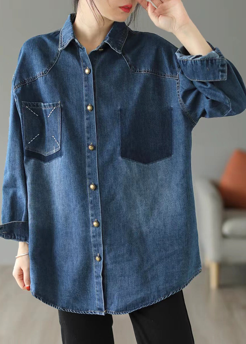 Style Blue Oversized Embroideried Pocket Denim Jackets