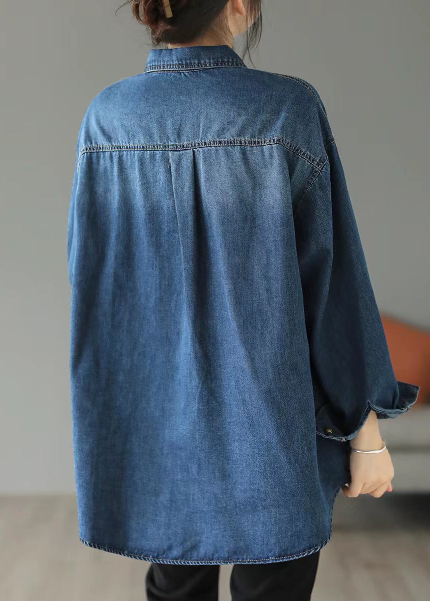 Style Blue Oversized Embroideried Pocket Denim Jackets