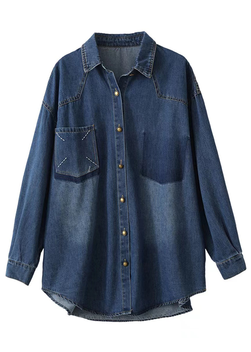 Style Blue Oversized Embroideried Pocket Denim Jackets