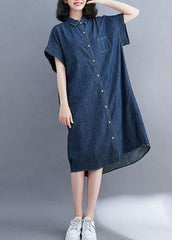 Style Blue Oversized Pocket Cotton Denim Shirt Dress Short Sleeve