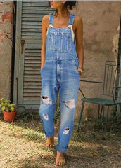 Style Blue Oversized Pockets Denim Ripped Jumpsuit