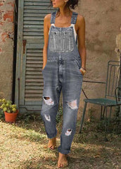 Style Blue Oversized Pockets Denim Ripped Jumpsuit