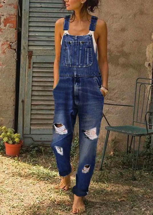 Style Blue Oversized Pockets Denim Ripped Jumpsuit