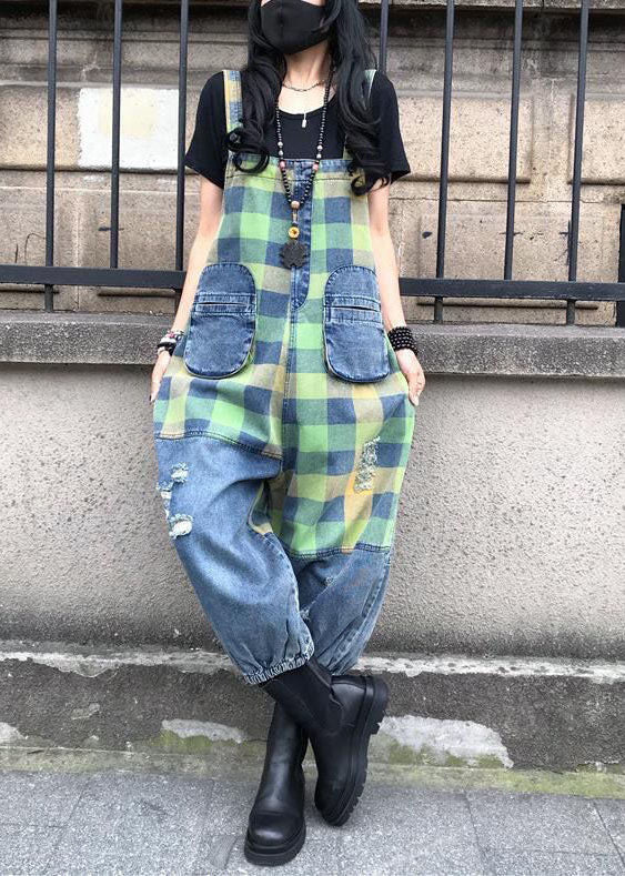 Style Blue Patchwork Plaid Print Denim Spaghetti Strap Jumpsuit