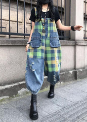 Style Blue Patchwork Plaid Print Denim Spaghetti Strap Jumpsuit