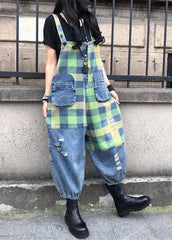 Style Blue Patchwork Plaid Print Denim Spaghetti Strap Jumpsuit