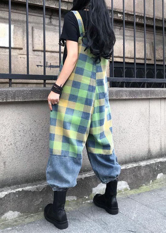 Style Blue Patchwork Plaid Print Denim Spaghetti Strap Jumpsuit