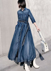 Style Blue Peter Pan Collar Patchwork Striped Denim Cinched Dress