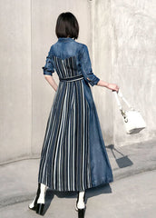 Style Blue Peter Pan Collar Patchwork Striped Denim Cinched Dress