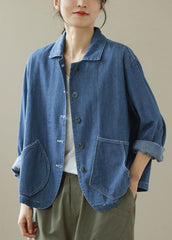 Style Blue Peter Pan Collar Pockets Patchwork Denim Coats