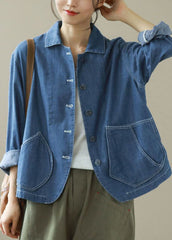 Style Blue Peter Pan Collar Pockets Patchwork Denim Coats