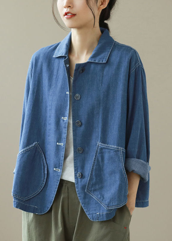 Style Blue Peter Pan Collar Pockets Patchwork Denim Coats