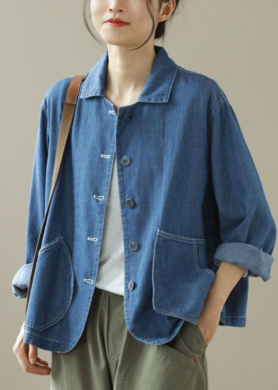 Style Blue Peter Pan Collar Pockets Patchwork Denim Coats