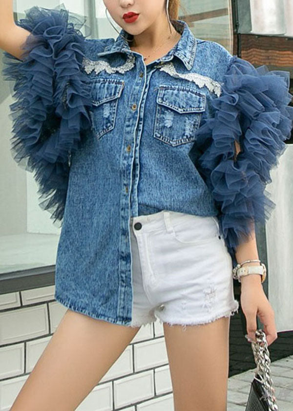 Style Blue Peter Pan Collar Tulle Ruffled Patchwork Denim Shirts