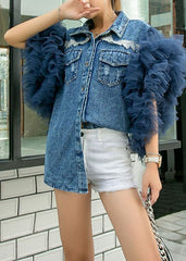 Style Blue Peter Pan Collar Tulle Ruffled Patchwork Denim Shirts