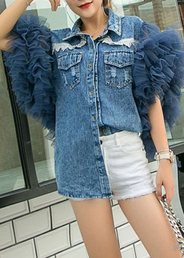 Style Blue Peter Pan Collar Tulle Ruffled Patchwork Denim Shirts