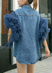 Style Blue Peter Pan Collar Tulle Ruffled Patchwork Denim Shirts