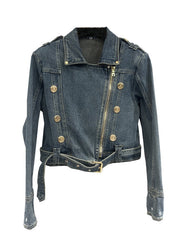 Style Blue Peter Pan Collar Zippered Patchwork Denim Jacket Fall