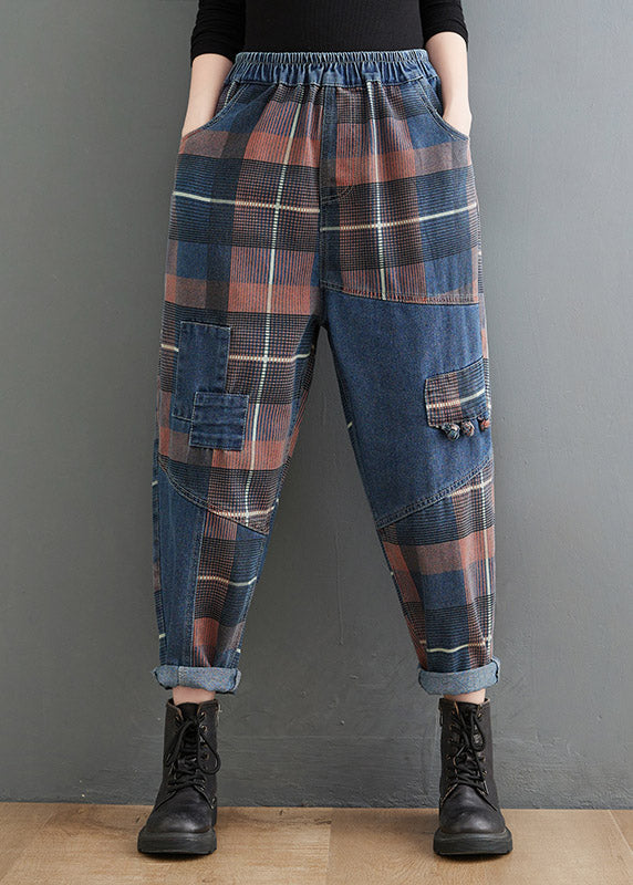 Stil Blau Plaid Taschen elastische Taille Patchwork Denim Hose