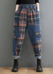 Style Blue Plaid Pockets elastic waist Patchwork Denim Pants