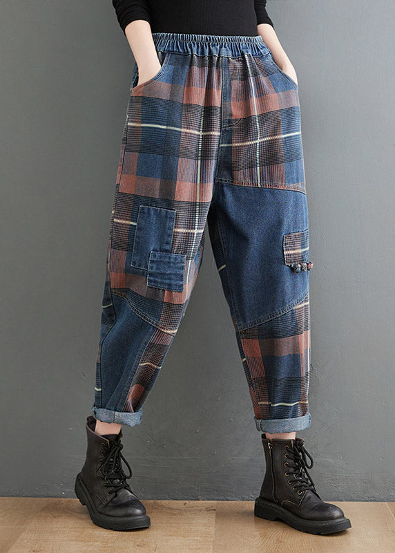 Style Blue Plaid Pockets elastic waist Patchwork Denim Pants