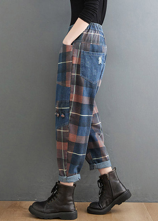 Stil Blau Plaid Taschen elastische Taille Patchwork Denim Hose