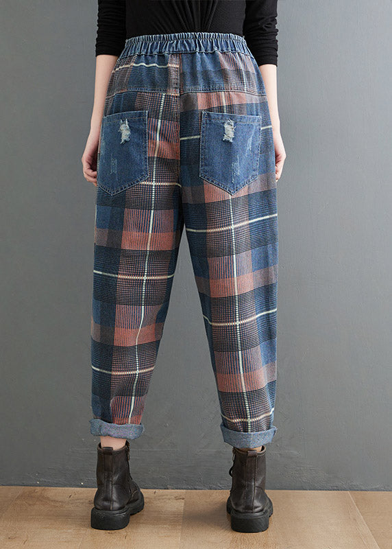 Style Blue Plaid Pockets elastic waist Patchwork Denim Pants