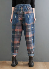 Style Blue Plaid Pockets elastic waist Patchwork Denim Pants