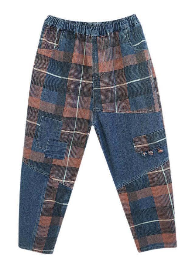 Style Blue Plaid Pockets elastic waist Patchwork Denim Pants