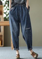 Style Blue Pockets Patchwork Denim Crop Pants