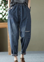 Style Blue Pockets Patchwork Denim Crop Pants