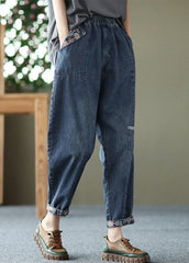 Style Blue Pockets Patchwork Denim Crop Pants