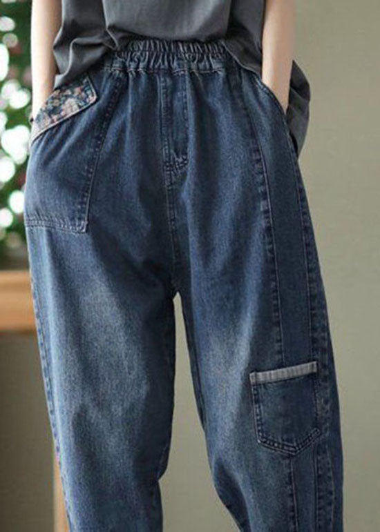 Style Blue Pockets Patchwork Denim Crop Pants