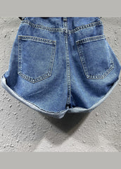 Style Blue Pockets Patchwork Denim Shorts Fall