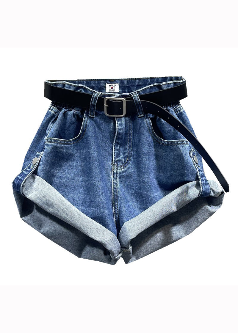 Style Blue Pockets Patchwork Denim Shorts Fall