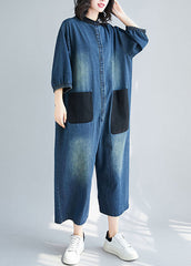 Style Blue Stand Collar Oversized Patchwork Pockets Denim Jumpsuits