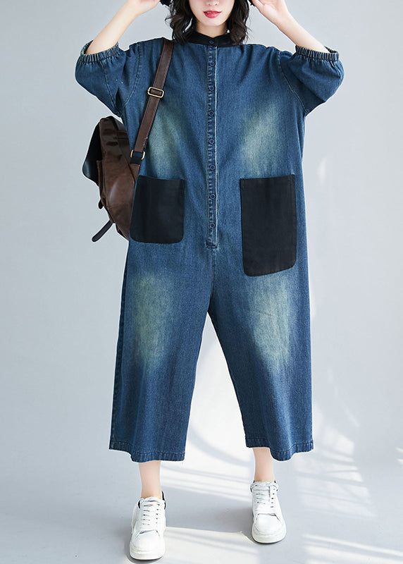 Style Blue Stand Collar Oversized Patchwork Pockets Denim Jumpsuits