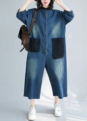 Style Blue Stand Collar Oversized Patchwork Pockets Denim Jumpsuits