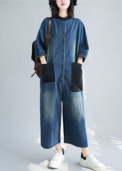 Style Blue Stand Collar Oversized Patchwork Pockets Denim Jumpsuits