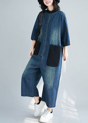 Style Blue Stand Collar Oversized Patchwork Pockets Denim Jumpsuits