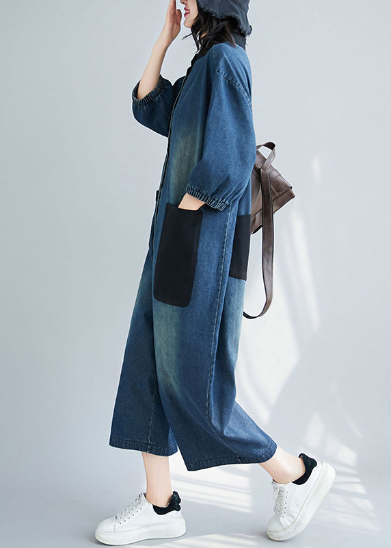 Style Blue Stand Collar Oversized Patchwork Pockets Denim Jumpsuits