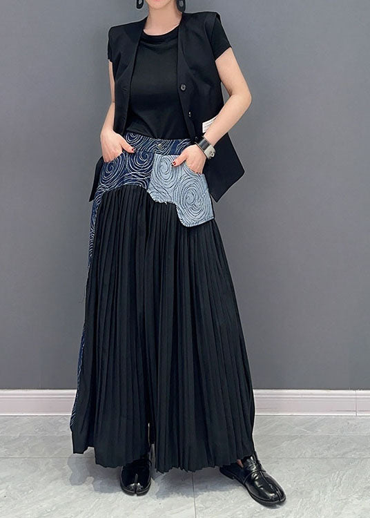 Style Blue Wrinkled Denim Patchwork Cotton Wide Leg Pants